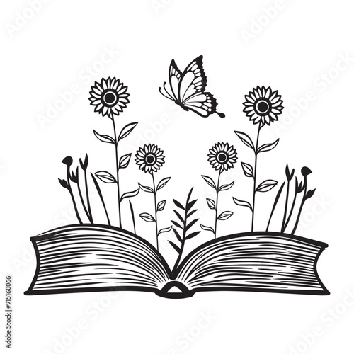 Book with flowers, Floral Book, Reading, Wildflowers Teacher, Book lover illustration