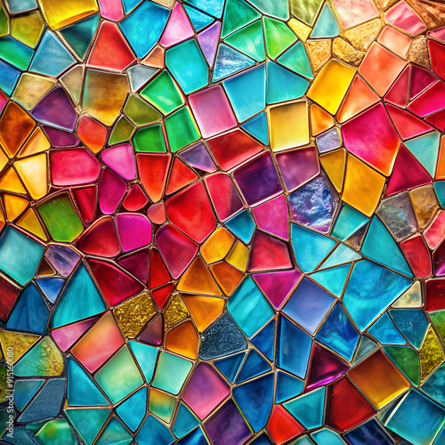  Colorful mosaic pattern with various shapes and textures, vibrant and intricate