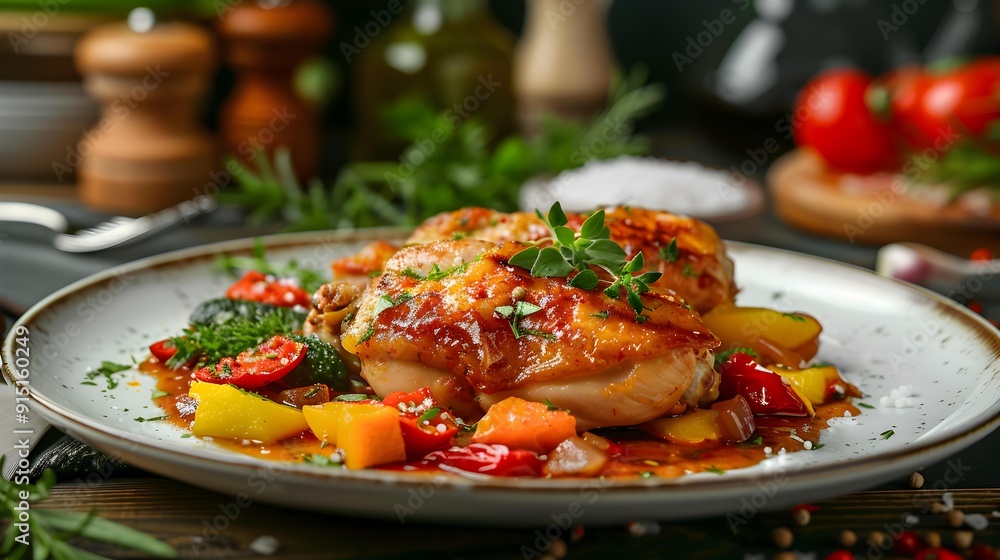 Chicken with vegetables served on a plate Chicken with vegetables served on a plate