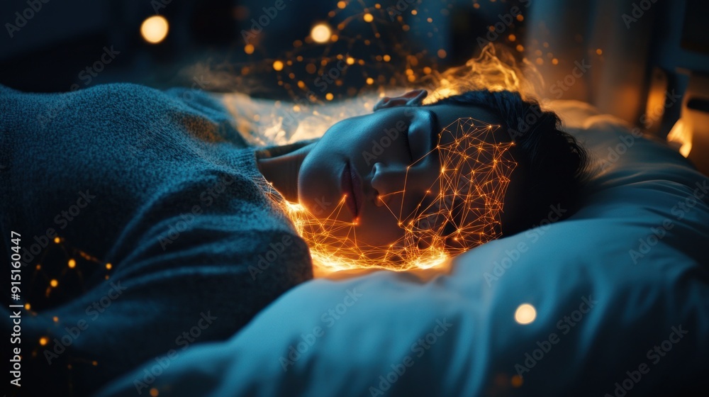 Dreamy Connection: A Woman Sleeping with Glowing Network Dreamy Connection: A Woman Sleeping with Glowing Network