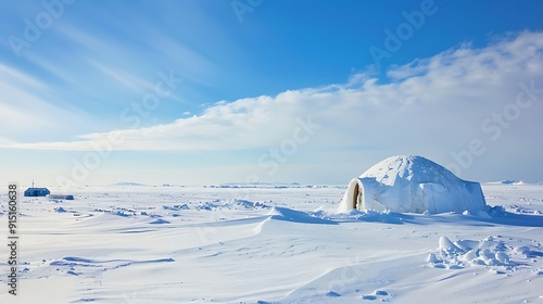 Winter polar landscape in the north with an igloo icehouse made of white snow and an house under a cold clean blue sky