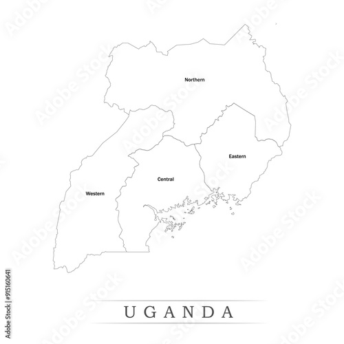 Administrative regions of Uganda. Province, state, division name with white map with black outline. Vector illustration