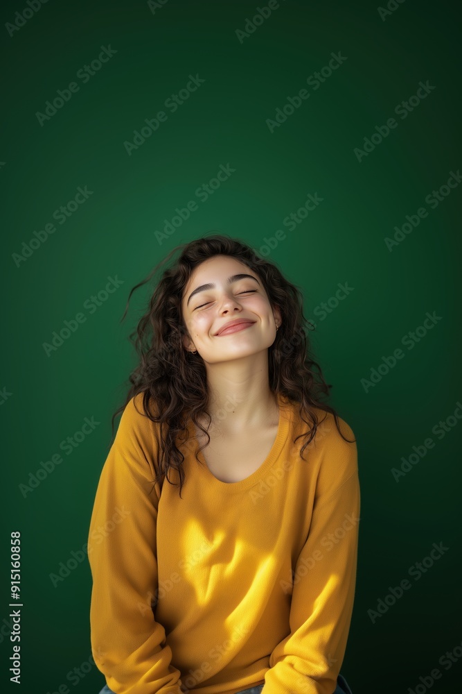 Obraz premium Happy young woman in casual outfit smiling while standing against green background