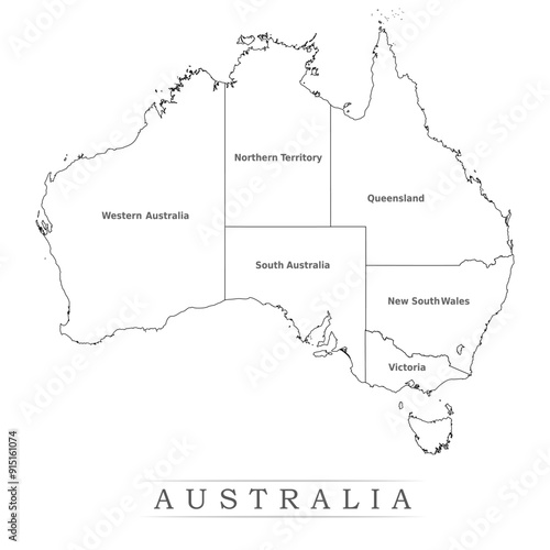 Administrative regions of Australia. Province, state, division name with white map with black outline. Vector illustration