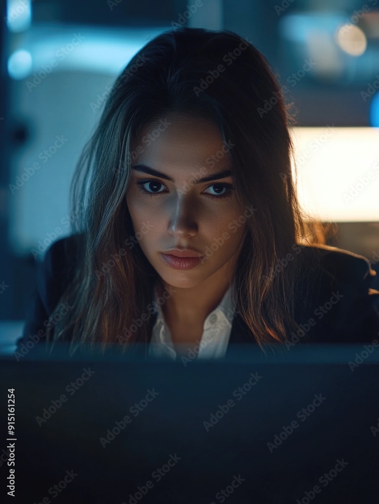 A woman sits in a dimly lit room, focused on her computer screen A woman sits in a dimly lit room, focused on her computer screen