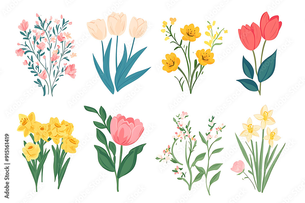Set of hand-drawn bouquet of spring flowers isolated on white background. Floral composition. illustration Set of hand-drawn bouquet of spring flowers isolated on white background. Floral composition. illustration