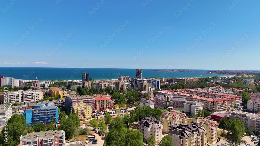 Aerial view to a sea resort Sunny Beach on Black sea, Bulgaria. Top cinematic aerial view. Drone 4K footage. Aerial view to a sea resort Sunny Beach on Black sea, Bulgaria. Top cinematic aerial view. Drone 4K footage.