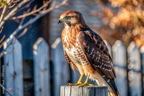 a hawk perched on a rustic fence photo