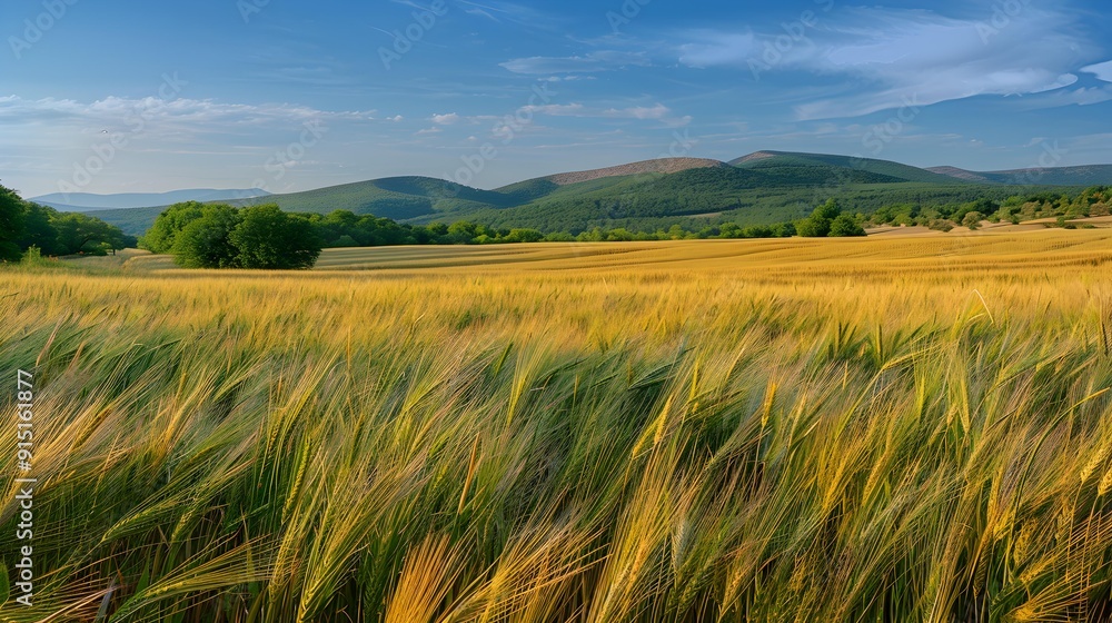 Obraz premium Barley fields illuminated by the soft morning light