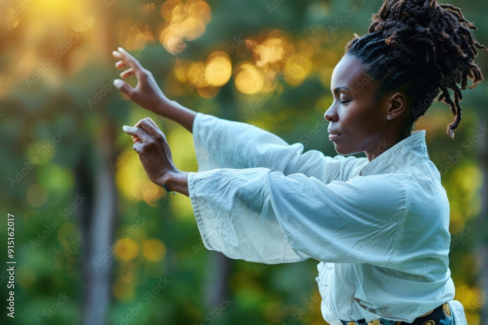 An individual dressed in white practices Tai Chi outdoors, surrounded by trees in a sunlit environment, highlighting the balance and serenity achieved through this ancient tradition. An individual dressed in white practices Tai Chi outdoors, surrounded by trees in a sunlit environment, highlighting the balance and serenity achieved through this ancient tradition.
