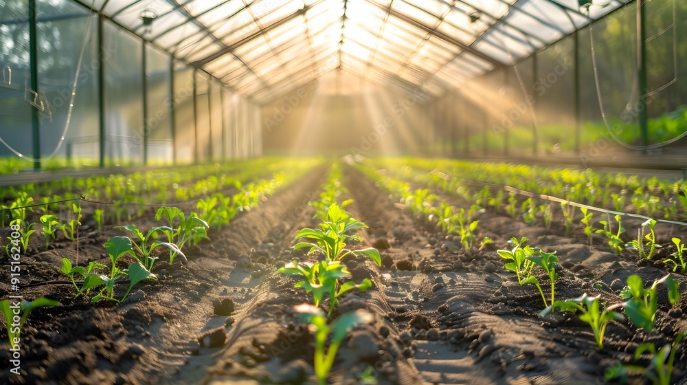 A greenhouse with rows of young plants A greenhouse with rows of young plants