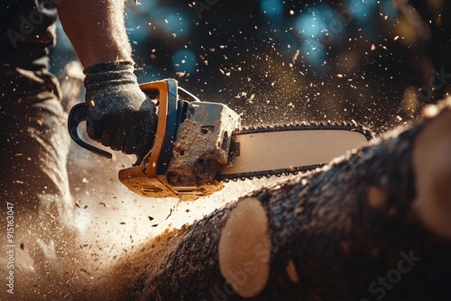 Dynamic chainsaw action  close up of woodcutter sawing with sawdust flying, symbolizing tree cutting photo