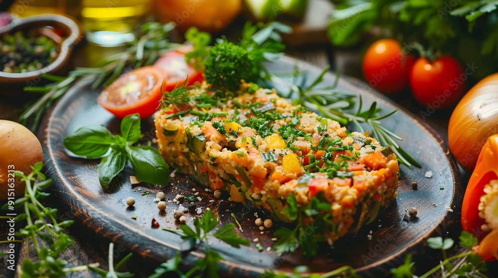 Triticale decorated with herbs and pieces of vegetables Triticale decorated with herbs and pieces of vegetables