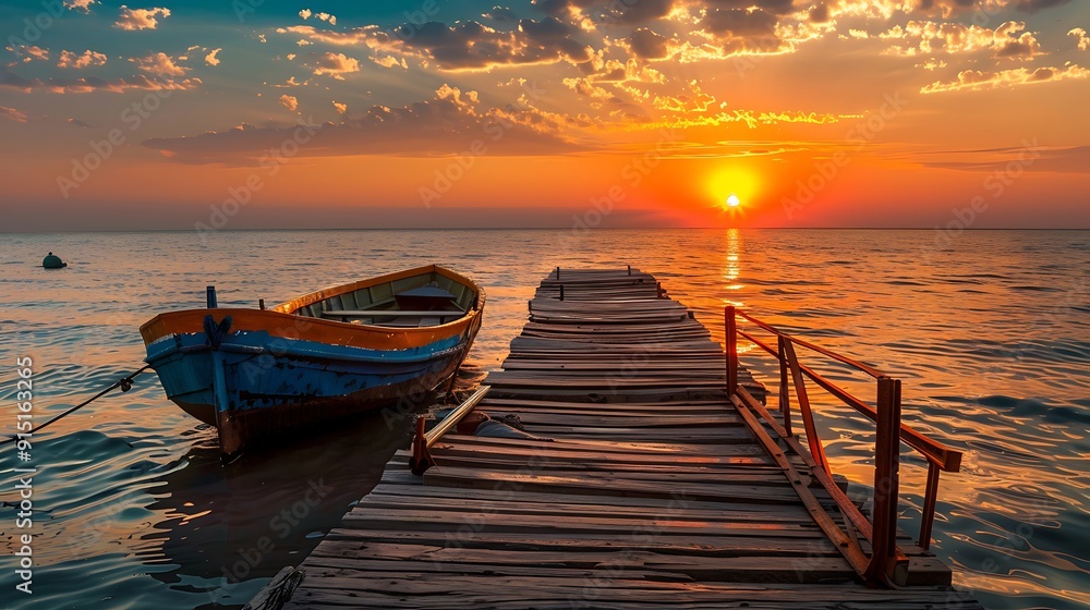 Wooden pier with boat at sunset Wooden pier with boat at sunset