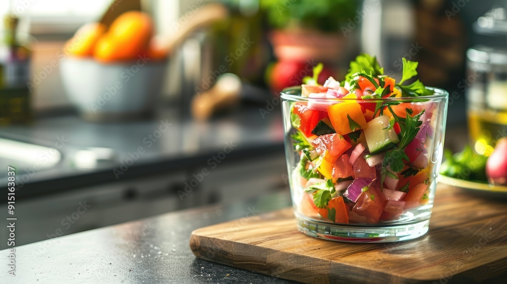 Vibrant veggie salad in a glass cup on a wooden board in a modern kitchen. Healthy food concept with copy space. Vibrant veggie salad in a glass cup on a wooden board in a modern kitchen. Healthy food concept with copy space.