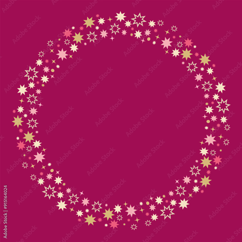 Festive round frame made of gold and pink stars isolated on magenta background. Decorative element for Christmas and New Year decor. Vector illustration. Festive round frame made of gold and pink stars isolated on magenta background. Decorative element for Christmas and New Year decor. Vector illustration.