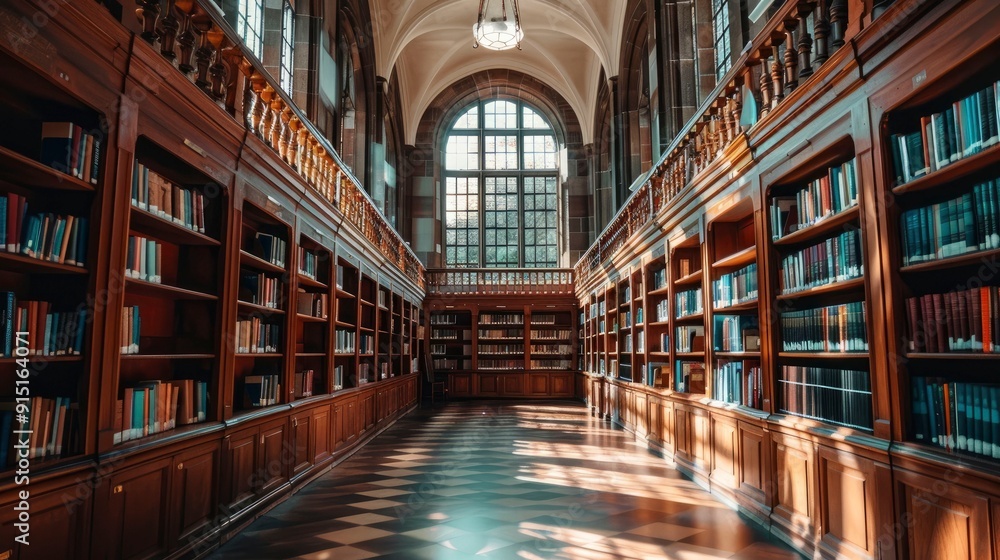 A library with a quiet study area and rows of bookshelves. A library with a quiet study area and rows of bookshelves.