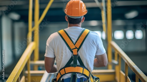 Ensuring Safety at Heights - Worker on Ladder with Fall Protection Harness in Factory Setting