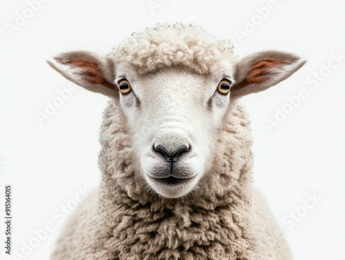 A detailed view of a sheep's face on a white background, suitable for animal-themed designs or illustrations