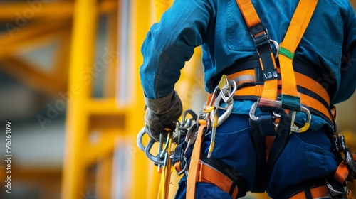 Safety First: Worker Ensuring Secure Harness Straps for Tower Climb - Focus on Fall Protection and Pre-Climb Safety Checks