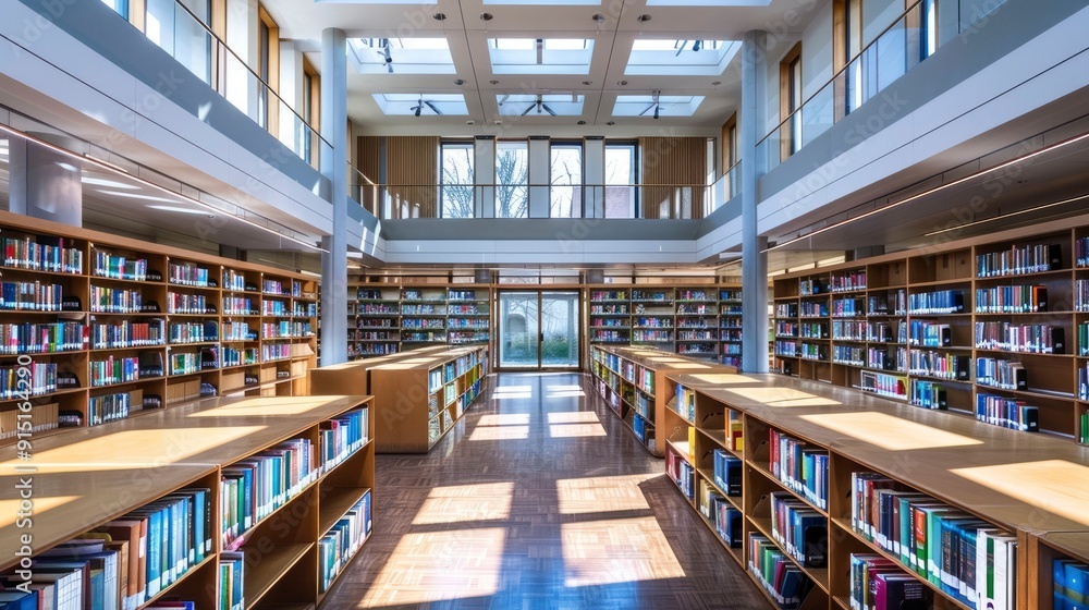 Fototapeta premium A library with rows of bookshelves and quiet study areas.