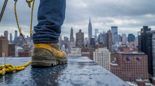 Secure Rooftop Worker Anchor Point Setup with Urban Skyline Background for Fall Protection and Roofing Safety
