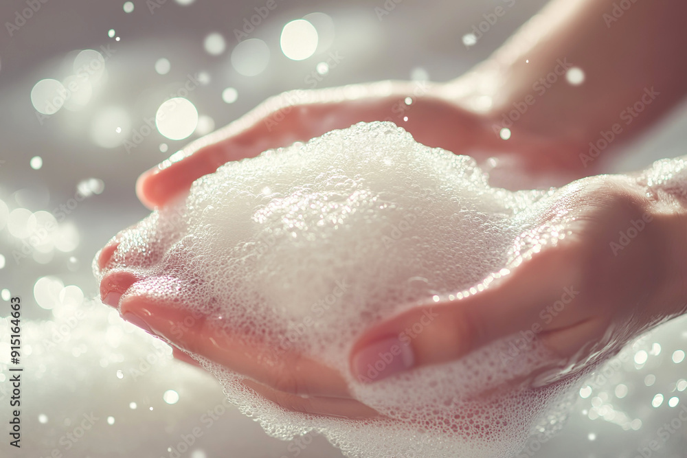 Fototapeta premium Hygienic soap foam in female hands with sparkling splashes