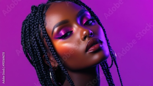 A woman with vibrant purple makeup and braids poses against a matching purple background