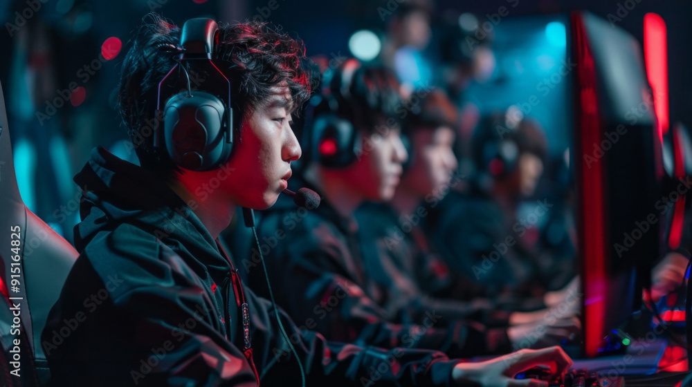 A group of people are playing a video game, with one man wearing headphones A group of people are playing a video game, with one man wearing headphones