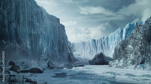 A majestic glacier with deep blue ice and towering walls.