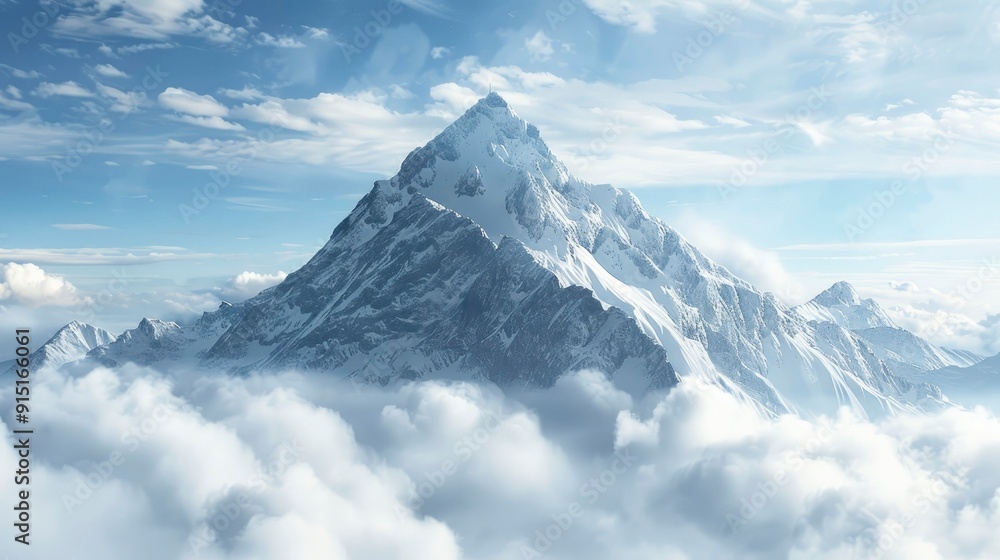 A majestic mountain peak surrounded by swirling clouds and a blue sky. A majestic mountain peak surrounded by swirling clouds and a blue sky.