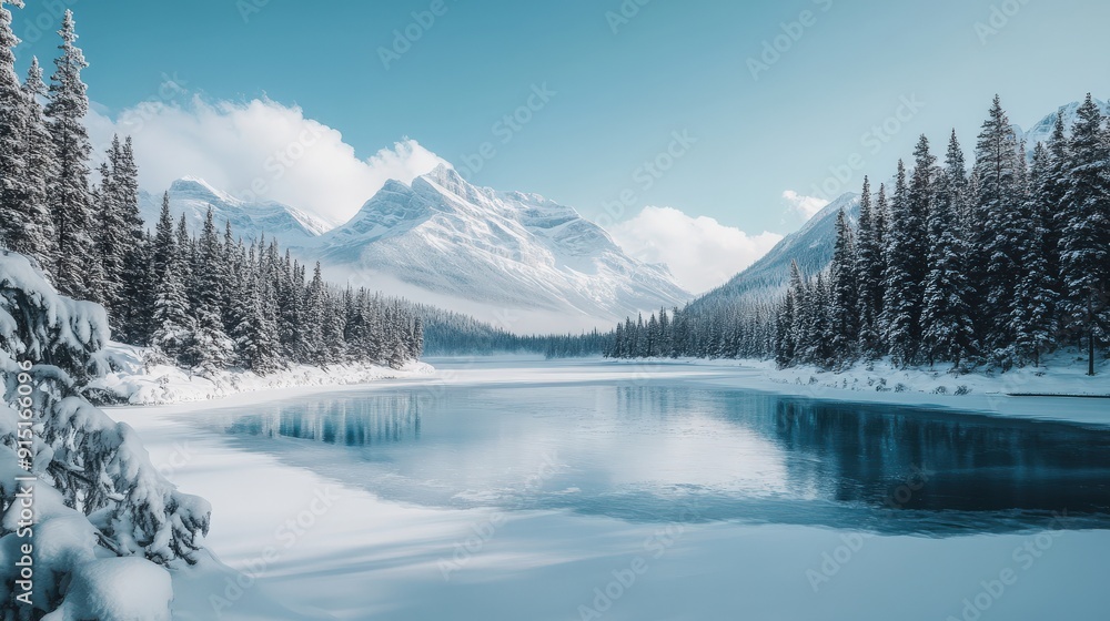 A tranquil winter day highlights the breathtaking beauty of Banff National Park, featuring a frozen lake and towering snow-capped mountains A tranquil winter day highlights the breathtaking beauty of Banff National Park, featuring a frozen lake and towering snow-capped mountains