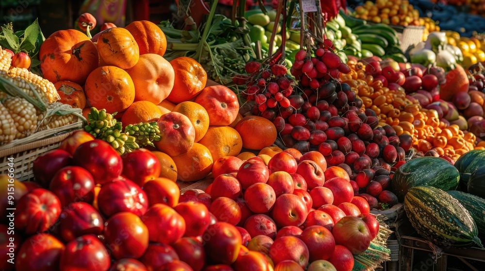 An outdoor market stall is filled with a variety of fresh produce, including oranges, apples, and tomatoes, along with other fruits and vegetables. The stall is brightly lit by the afternoon sun, high An outdoor market stall is filled with a variety of fresh produce, including oranges, apples, and tomatoes, along with other fruits and vegetables. The stall is brightly lit by the afternoon sun, high