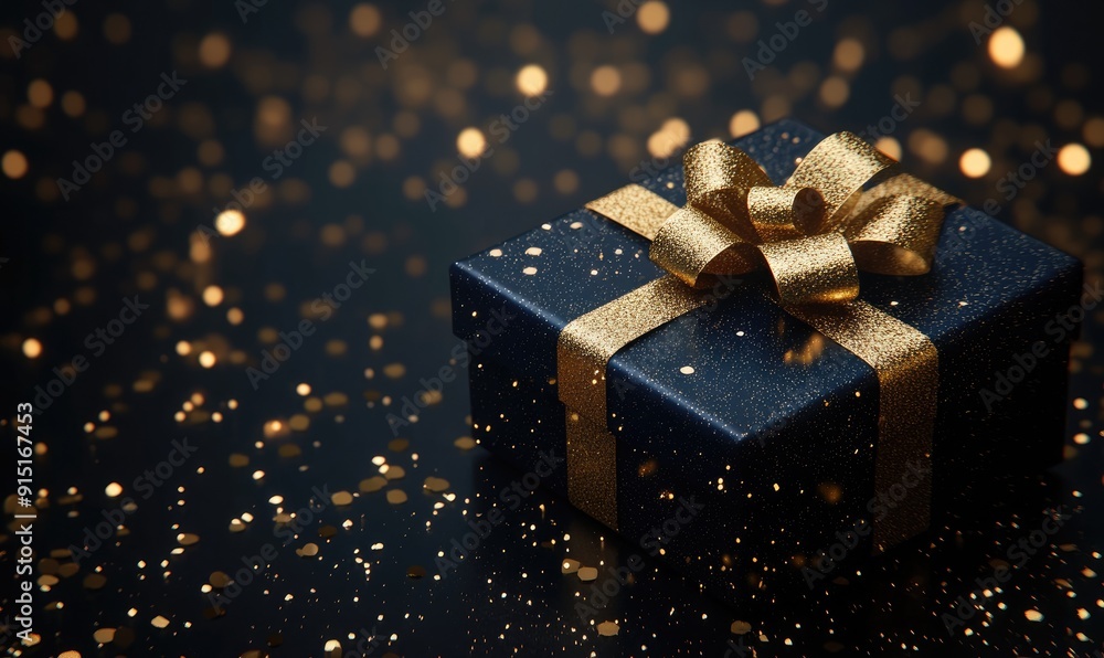 Dark blue gift box with golden ribbon bow on dark background with lights and glitter with copy space. Christmas and New Year concept Dark blue gift box with golden ribbon bow on dark background with lights and glitter with copy space. Christmas and New Year concept