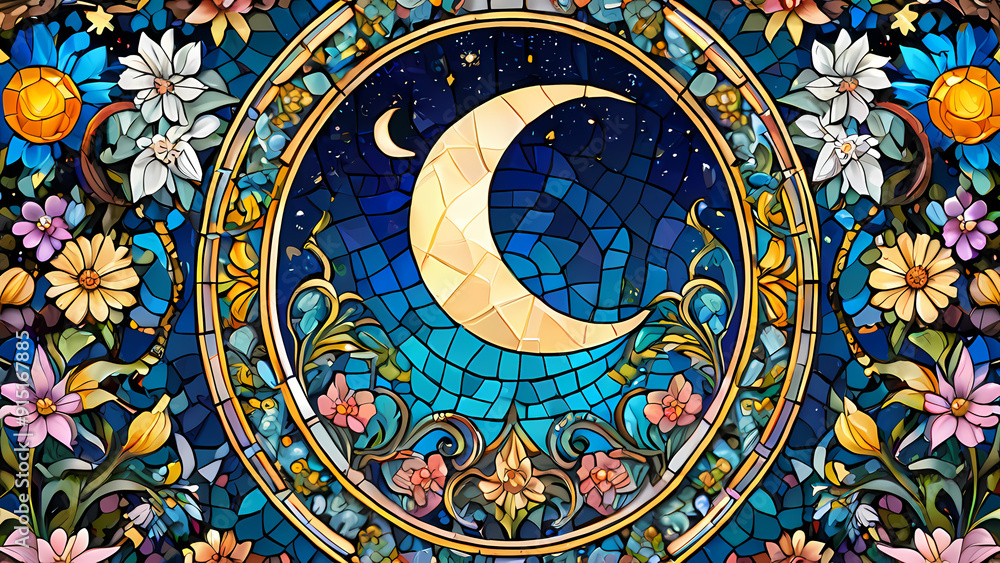 Obraz premium Mosaic art design with the theme of the beauty of the crescent moon