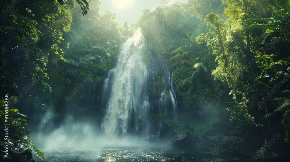 A majestic waterfall in a tropical jungle setting. A majestic waterfall in a tropical jungle setting.
