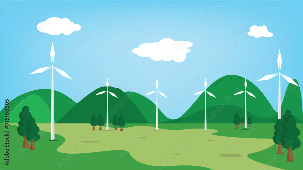 Renewable energy background design. meadow with windmill farm Renewable energy background design. meadow with windmill farm