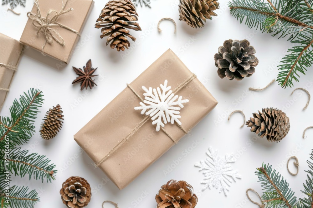 Wrapped Gifts with Pine Cones and Snowflakes - Festive Holiday Wrapping and Christmas Decor Wrapped Gifts with Pine Cones and Snowflakes - Festive Holiday Wrapping and Christmas Decor