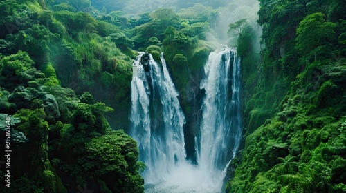 A majestic waterfall surrounded by lush green vegetation.