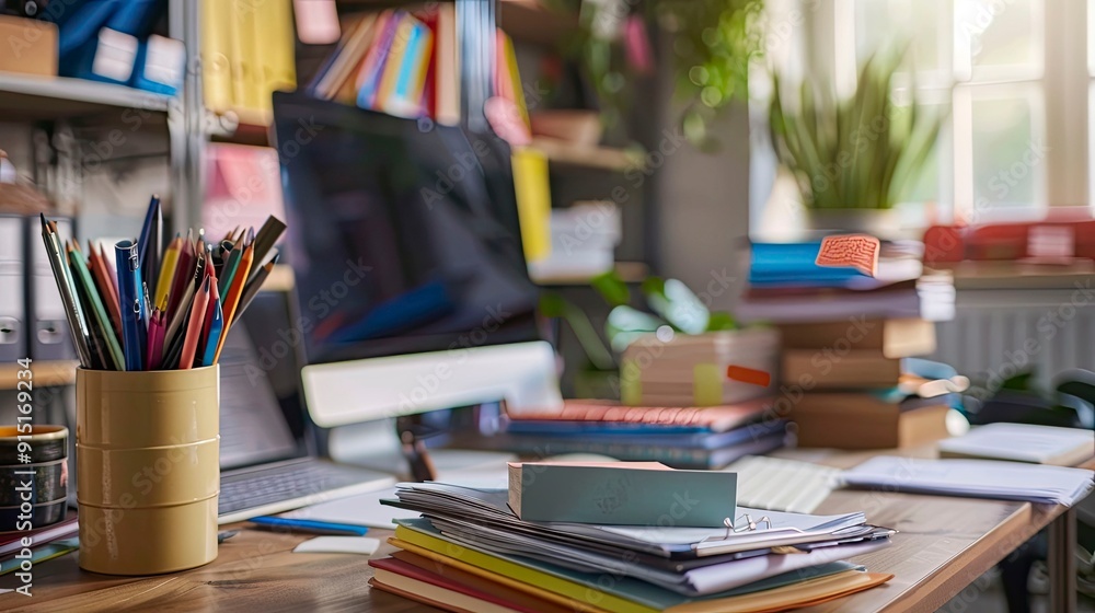 A neatly organized teacher's desk with a computer and stack of papers. A neatly organized teacher's desk with a computer and stack of papers.