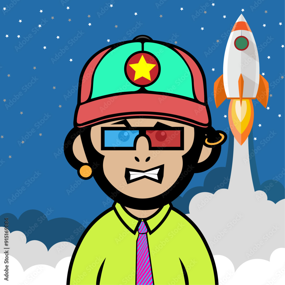 pierced angry chimp chimpanzee wearing a colored cap, 3d glasses and green shirt in a night rocket launch background in color block flat vector illustration pierced angry chimp chimpanzee wearing a colored cap, 3d glasses and green shirt in a night rocket launch background in color block flat vector illustration