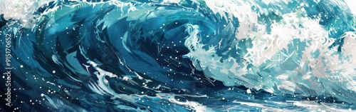 A digitally painted abstract piece depicting a wave in shades of blue and white. The wave appears to be crashing, creating a sense of movement and energy. The painting captures the beauty and power of