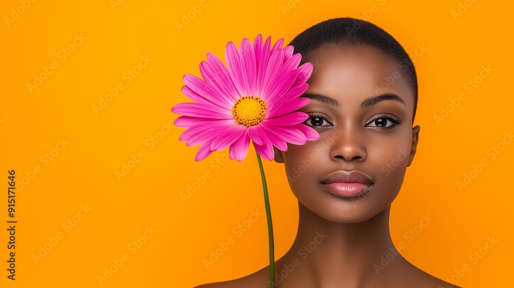 A woman is holding a pink flower in front of her face. The flower is the main focus of the image, and it is a symbol of beauty and grace. The woman's face is the background A woman is holding a pink flower in front of her face. The flower is the main focus of the image, and it is a symbol of beauty and grace. The woman's face is the background