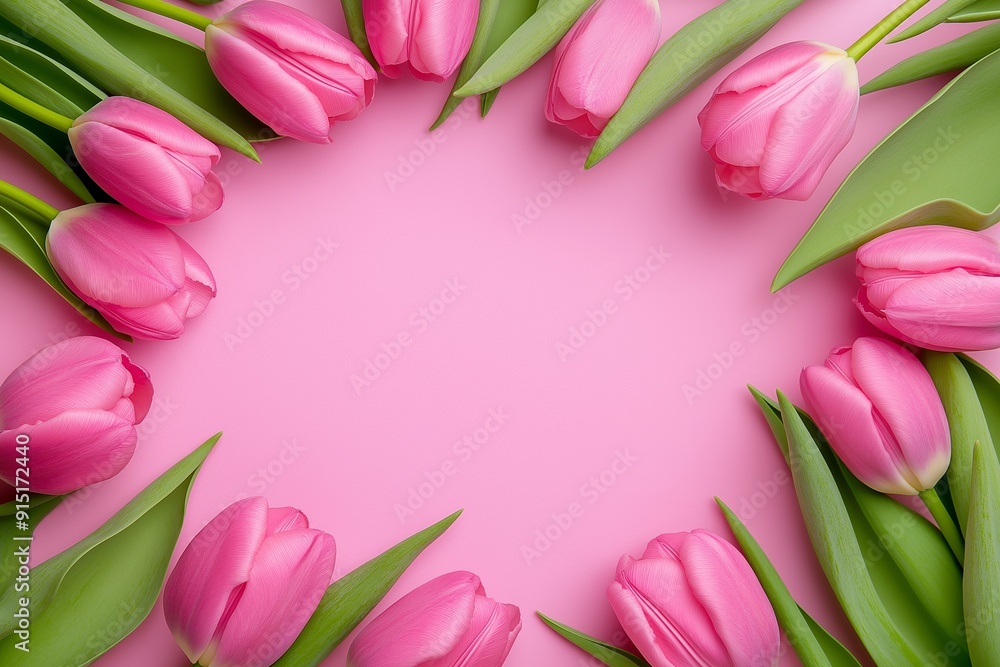 Pink flowers with green leaves surrounding a pink background. The flowers are arranged in a circle, creating a sense of unity and harmony Pink flowers with green leaves surrounding a pink background. The flowers are arranged in a circle, creating a sense of unity and harmony