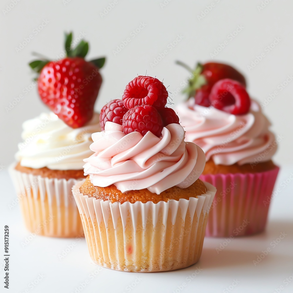 Delicious cupcakes with creamy frosting topped with fresh strawberries and raspberries, perfect for a sweet treat or dessert. Delicious cupcakes with creamy frosting topped with fresh strawberries and raspberries, perfect for a sweet treat or dessert.