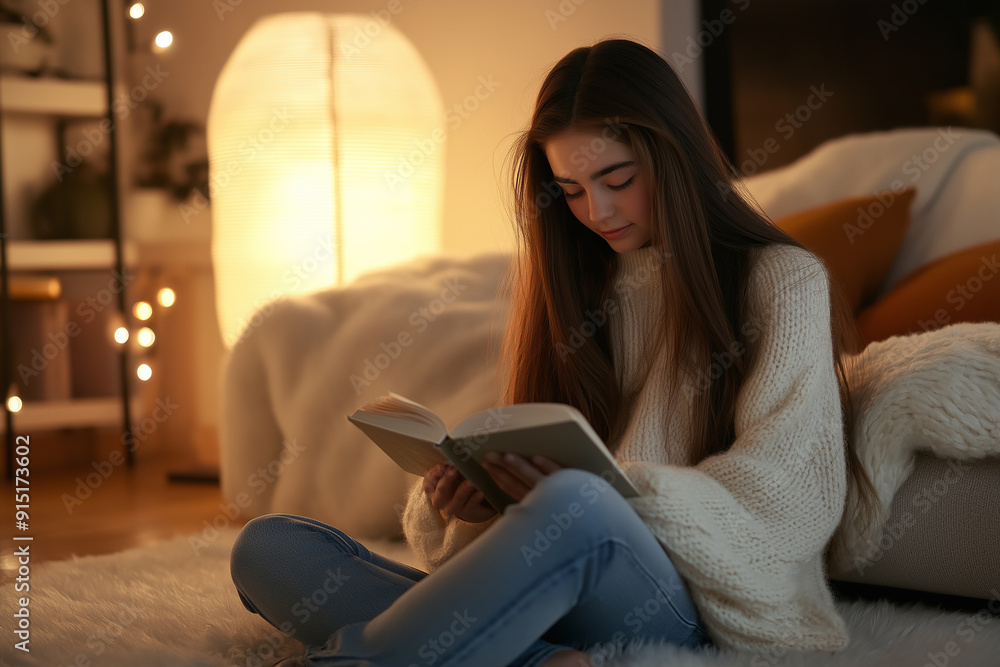 A young woman in a cozy sweater reading a book in a warmly lit room, capturing a moment of relaxation and tranquility in a home setting. A young woman in a cozy sweater reading a book in a warmly lit room, capturing a moment of relaxation and tranquility in a home setting.