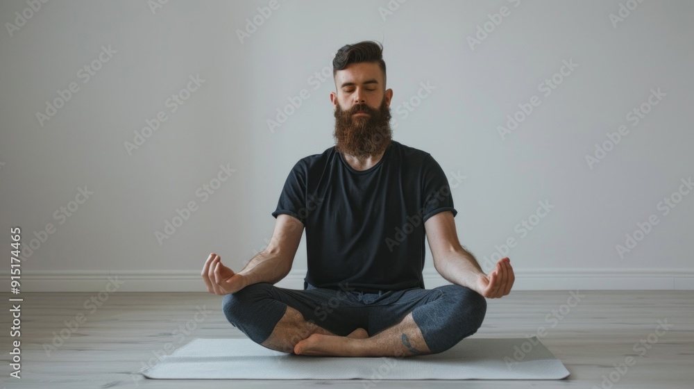 A bearded man sits cross legged on a mat, with his hands on his knees A bearded man sits cross legged on a mat, with his hands on his knees