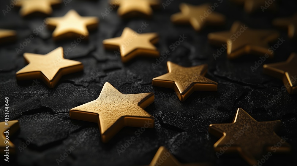 Golden stars scattered across a textured black surface creating an eye-catching visual arrangement Golden stars scattered across a textured black surface creating an eye-catching visual arrangement