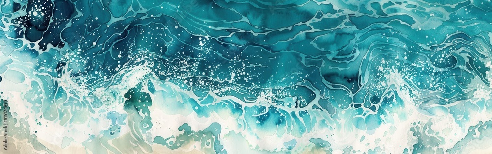 Obraz premium An aerial view of turquoise ocean waves crashing on a sandy beach. White foam swirls around the edges of the crashing waves, creating a beautiful contrast against the clear, blue water.