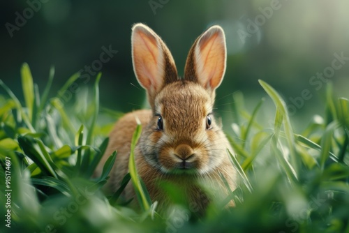 A charming young lagomorph, nestled in a grassy meadow